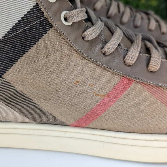 🤎 BURBERRY CANVAS LEATHER HIGH TOP MENS SNEAKERS - Picture 4 of 14